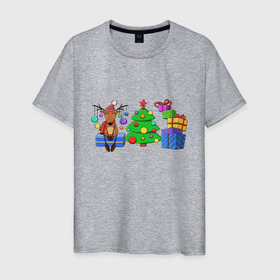 Мужская футболка хлопок с принтом Новогоднее настроение , милый олень в Тюмени, 100% хлопок | прямой крой, круглый вырез горловины, длина до линии бедер, слегка спущенное плечо. | Тематика изображения на принте: 