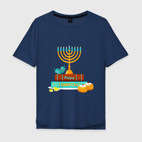 Мужская футболка хлопок Oversize с принтом Happy Hanukkah в Петрозаводске, 100% хлопок | свободный крой, круглый ворот, “спинка” длиннее передней части | 