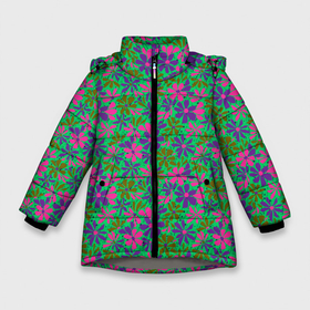 Зимняя куртка для девочек 3D с принтом Яркий неоновый цветочный узор в Новосибирске, ткань верха — 100% полиэстер; подклад — 100% полиэстер, утеплитель — 100% полиэстер. | длина ниже бедра, удлиненная спинка, воротник стойка и отстегивающийся капюшон. Есть боковые карманы с листочкой на кнопках, утяжки по низу изделия и внутренний карман на молнии. 

Предусмотрены светоотражающий принт на спинке, радужный светоотражающий элемент на пуллере молнии и на резинке для утяжки. | Тематика изображения на принте: 