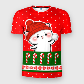 Мужская футболка 3D Slim с принтом Белый котик   играет в снежки в Екатеринбурге, 100% полиэстер с улучшенными характеристиками | приталенный силуэт, круглая горловина, широкие плечи, сужается к линии бедра | 