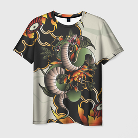 Мужская футболка 3D с принтом Змея в японских пионах в Белгороде, 100% полиэфир | прямой крой, круглый вырез горловины, длина до линии бедер | 