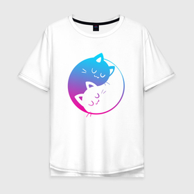 Мужская футболка хлопок Oversize с принтом Инь янь коты в неоне в Курске, 100% хлопок | свободный крой, круглый ворот, “спинка” длиннее передней части | 
