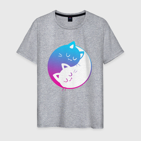 Мужская футболка хлопок с принтом Инь янь коты в неоне в Кировске, 100% хлопок | прямой крой, круглый вырез горловины, длина до линии бедер, слегка спущенное плечо. | 