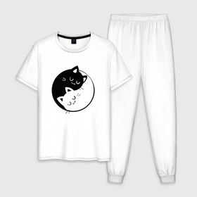 Мужская пижама хлопок с принтом Инь янь котики в Новосибирске, 100% хлопок | брюки и футболка прямого кроя, без карманов, на брюках мягкая резинка на поясе и по низу штанин
 | 
