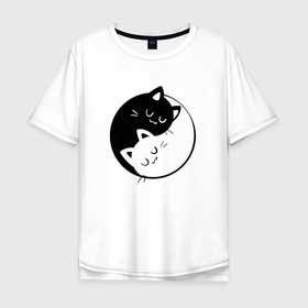Мужская футболка хлопок Oversize с принтом Инь янь котики в Новосибирске, 100% хлопок | свободный крой, круглый ворот, “спинка” длиннее передней части | 