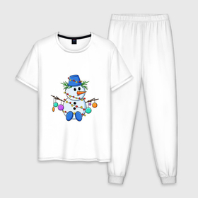 Мужская пижама хлопок с принтом Веселый новогодний снеговик в Тюмени, 100% хлопок | брюки и футболка прямого кроя, без карманов, на брюках мягкая резинка на поясе и по низу штанин
 | 