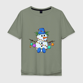 Мужская футболка хлопок Oversize с принтом Веселый новогодний снеговик в Тюмени, 100% хлопок | свободный крой, круглый ворот, “спинка” длиннее передней части | Тематика изображения на принте: 