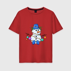 Женская футболка хлопок Oversize с принтом Веселый новогодний снеговик в Кировске, 100% хлопок | свободный крой, круглый ворот, спущенный рукав, длина до линии бедер
 | 