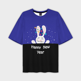 Мужская футболка OVERSIZE 3D с принтом Счастливый заяц на черно синем фоне в Петрозаводске,  |  | 