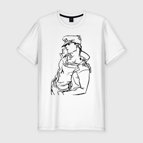 Мужская футболка хлопок Slim с принтом Дзётаро Кудзё   герой в Курске, 92% хлопок, 8% лайкра | приталенный силуэт, круглый вырез ворота, длина до линии бедра, короткий рукав | Тематика изображения на принте: 