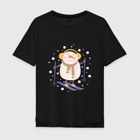 Мужская футболка хлопок Oversize с принтом Снеговик лыжник в Тюмени, 100% хлопок | свободный крой, круглый ворот, “спинка” длиннее передней части | Тематика изображения на принте: 