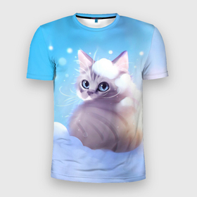 Мужская футболка 3D Slim с принтом Заснеженный котик в Новосибирске, 100% полиэстер с улучшенными характеристиками | приталенный силуэт, круглая горловина, широкие плечи, сужается к линии бедра | 
