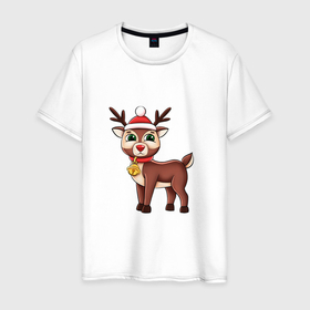 Мужская футболка хлопок с принтом Милый новогодний олень в Курске, 100% хлопок | прямой крой, круглый вырез горловины, длина до линии бедер, слегка спущенное плечо. | 