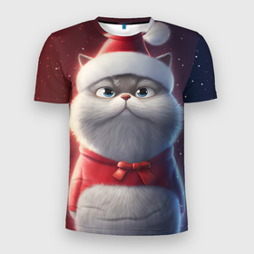 Мужская футболка 3D Slim с принтом Новогодний кот в шапке в Екатеринбурге, 100% полиэстер с улучшенными характеристиками | приталенный силуэт, круглая горловина, широкие плечи, сужается к линии бедра | 