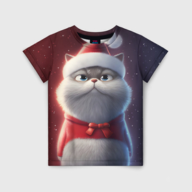 Детская футболка 3D с принтом Новогодний кот в шапке в Екатеринбурге, 100% гипоаллергенный полиэфир | прямой крой, круглый вырез горловины, длина до линии бедер, чуть спущенное плечо, ткань немного тянется | 