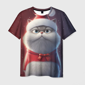 Мужская футболка 3D с принтом Новогодний кот в шапке в Екатеринбурге, 100% полиэфир | прямой крой, круглый вырез горловины, длина до линии бедер | 