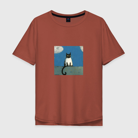 Мужская футболка хлопок Oversize с принтом Кот на крыше в Тюмени, 100% хлопок | свободный крой, круглый ворот, “спинка” длиннее передней части | Тематика изображения на принте: 