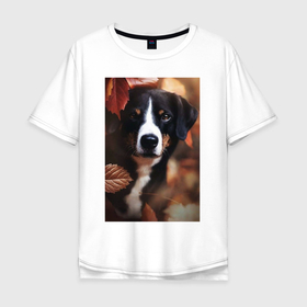 Мужская футболка хлопок Oversize с принтом Autumn and dog в Белгороде, 100% хлопок | свободный крой, круглый ворот, “спинка” длиннее передней части | 