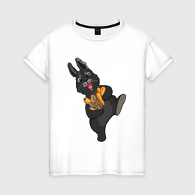 Женская футболка хлопок с принтом черный кролик с морковкой в Курске, 100% хлопок | прямой крой, круглый вырез горловины, длина до линии бедер, слегка спущенное плечо | 