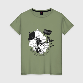 Женская футболка хлопок с принтом Котик ест печенье в Кировске, 100% хлопок | прямой крой, круглый вырез горловины, длина до линии бедер, слегка спущенное плечо | 
