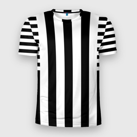 Мужская футболка 3D Slim с принтом Черно белый узор в полоску в Белгороде, 100% полиэстер с улучшенными характеристиками | приталенный силуэт, круглая горловина, широкие плечи, сужается к линии бедра | Тематика изображения на принте: 