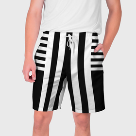 Мужские шорты 3D с принтом Черно белый узор в полоску в Курске,  полиэстер 100% | прямой крой, два кармана без застежек по бокам. Мягкая трикотажная резинка на поясе, внутри которой широкие завязки. Длина чуть выше колен | 