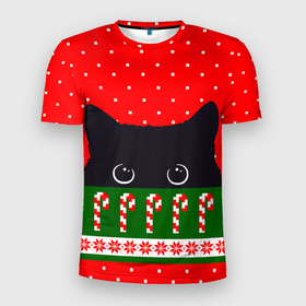 Мужская футболка 3D Slim с принтом Котик: новогодний свитер в Екатеринбурге, 100% полиэстер с улучшенными характеристиками | приталенный силуэт, круглая горловина, широкие плечи, сужается к линии бедра | 
