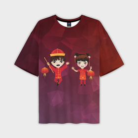 Мужская футболка oversize 3D с принтом Аниме мальчик и девочка празднуют Китайский новый год ,  |  | 