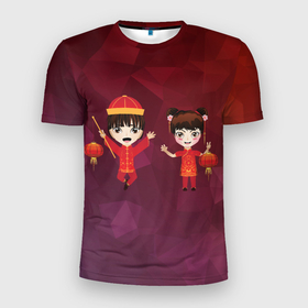Мужская футболка 3D Slim с принтом Аниме мальчик и девочка празднуют Китайский новый год , 100% полиэстер с улучшенными характеристиками | приталенный силуэт, круглая горловина, широкие плечи, сужается к линии бедра | 