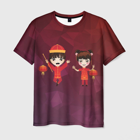 Мужская футболка 3D с принтом Аниме мальчик и девочка празднуют Китайский новый год , 100% полиэфир | прямой крой, круглый вырез горловины, длина до линии бедер | 