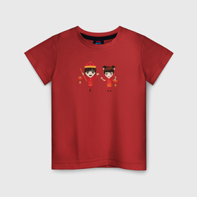 Детская футболка хлопок с принтом Мальчик и девочка празднуют китайский новый год , 100% хлопок | круглый вырез горловины, полуприлегающий силуэт, длина до линии бедер | 