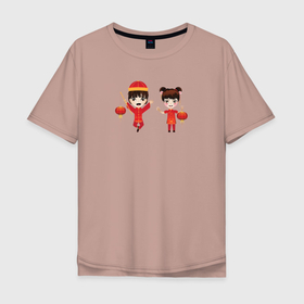 Мужская футболка хлопок Oversize с принтом Мальчик и девочка празднуют Китайский новый год , 100% хлопок | свободный крой, круглый ворот, “спинка” длиннее передней части | 