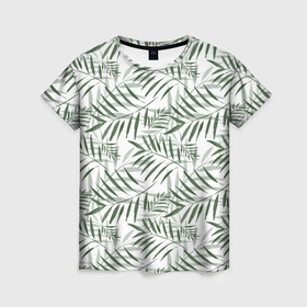 Женская футболка 3D с принтом Паттерн Акварельные листья пальмы в Петрозаводске, 100% полиэфир ( синтетическое хлопкоподобное полотно) | прямой крой, круглый вырез горловины, длина до линии бедер | 