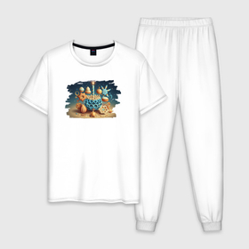 Мужская пижама хлопок с принтом Ханука в Белгороде, 100% хлопок | брюки и футболка прямого кроя, без карманов, на брюках мягкая резинка на поясе и по низу штанин
 | 