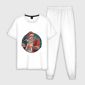 Мужская пижама хлопок с принтом Крутой Санта Клаус в Екатеринбурге, 100% хлопок | брюки и футболка прямого кроя, без карманов, на брюках мягкая резинка на поясе и по низу штанин
 | 