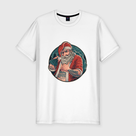 Мужская футболка хлопок Slim с принтом Крутой Санта Клаус в Санкт-Петербурге, 92% хлопок, 8% лайкра | приталенный силуэт, круглый вырез ворота, длина до линии бедра, короткий рукав | 
