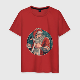 Мужская футболка хлопок с принтом Крутой Санта Клаус в Екатеринбурге, 100% хлопок | прямой крой, круглый вырез горловины, длина до линии бедер, слегка спущенное плечо. | 
