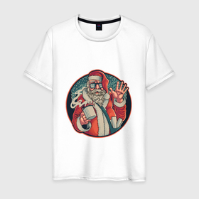 Мужская футболка хлопок с принтом Санта почтальон в Тюмени, 100% хлопок | прямой крой, круглый вырез горловины, длина до линии бедер, слегка спущенное плечо. | 