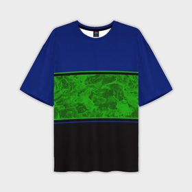Мужская футболка OVERSIZE 3D с принтом Синие, неоновые зеленые мраморные и черные полосы в Кировске,  |  | Тематика изображения на принте: 