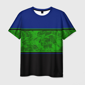 Мужская футболка 3D с принтом Синие, неоновые зеленые мраморные и черные полосы в Екатеринбурге, 100% полиэфир | прямой крой, круглый вырез горловины, длина до линии бедер | 