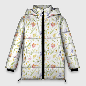 Женская зимняя куртка Oversize с принтом Акварельные цветы, тюльпаны в Петрозаводске, верх — 100% полиэстер; подкладка — 100% полиэстер; утеплитель — 100% полиэстер | длина ниже бедра, силуэт Оверсайз. Есть воротник-стойка, отстегивающийся капюшон и ветрозащитная планка. 

Боковые карманы с листочкой на кнопках и внутренний карман на молнии | 
