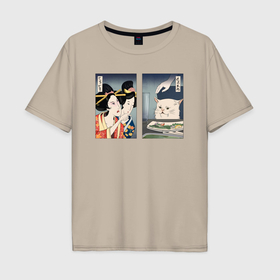 Мужская футболка хлопок Oversize с принтом Мем в японском стиле в Санкт-Петербурге, 100% хлопок | свободный крой, круглый ворот, “спинка” длиннее передней части | 