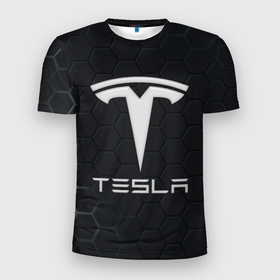 Мужская футболка 3D Slim с принтом Tesla логотип   матовое стекло в Петрозаводске, 100% полиэстер с улучшенными характеристиками | приталенный силуэт, круглая горловина, широкие плечи, сужается к линии бедра | Тематика изображения на принте: 