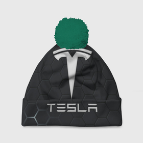 Шапка 3D c помпоном с принтом Tesla логотип   матовое стекло в Петрозаводске, 100% полиэстер | универсальный размер, печать по всей поверхности изделия | Тематика изображения на принте: 