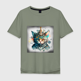 Мужская футболка хлопок Oversize с принтом Абстрактный акварельный кот с колпаком и брызгами красок , 100% хлопок | свободный крой, круглый ворот, “спинка” длиннее передней части | 
