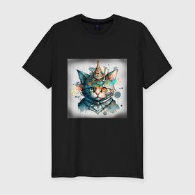 Мужская футболка хлопок Slim с принтом Абстрактный акварельный кот с колпаком и брызгами красок в Курске, 92% хлопок, 8% лайкра | приталенный силуэт, круглый вырез ворота, длина до линии бедра, короткий рукав | 