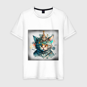 Мужская футболка хлопок с принтом Абстрактный акварельный кот с колпаком и брызгами красок в Петрозаводске, 100% хлопок | прямой крой, круглый вырез горловины, длина до линии бедер, слегка спущенное плечо. | 