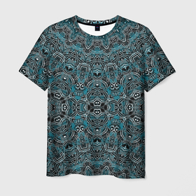 Мужская футболка 3D с принтом Синий , белый орнамент на черном в Белгороде, 100% полиэфир | прямой крой, круглый вырез горловины, длина до линии бедер | Тематика изображения на принте: 