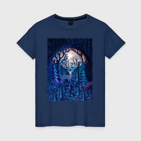 Женская футболка хлопок с принтом Объемная  иллюстрация из бумаги лес и олень на синем фоне в Курске, 100% хлопок | прямой крой, круглый вырез горловины, длина до линии бедер, слегка спущенное плечо | 