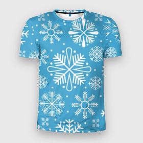 Мужская футболка 3D Slim с принтом Snow in blue в Екатеринбурге, 100% полиэстер с улучшенными характеристиками | приталенный силуэт, круглая горловина, широкие плечи, сужается к линии бедра | 
